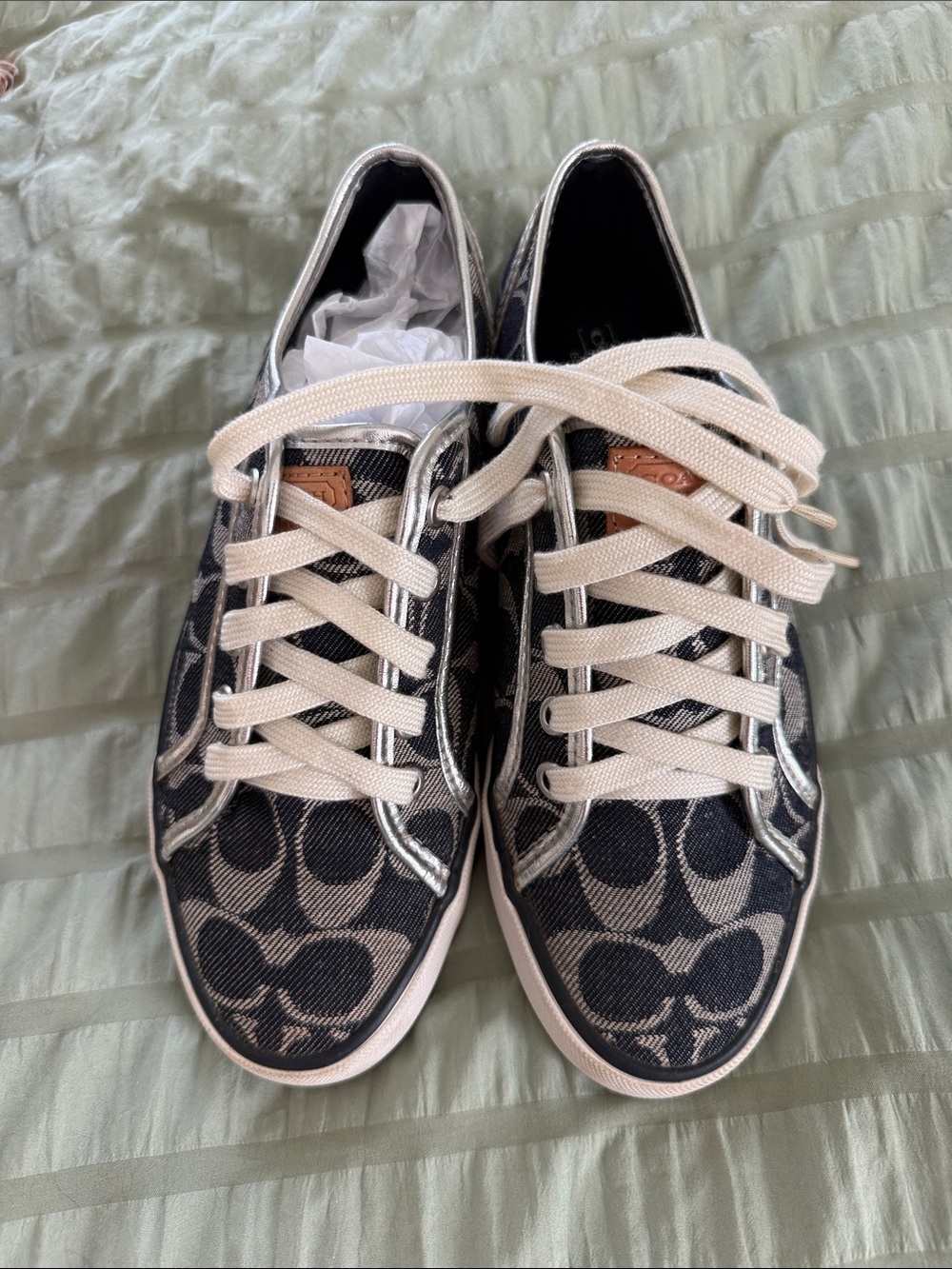 Coach Navy Blue Signature Canvas Sneakers with Cream Laces